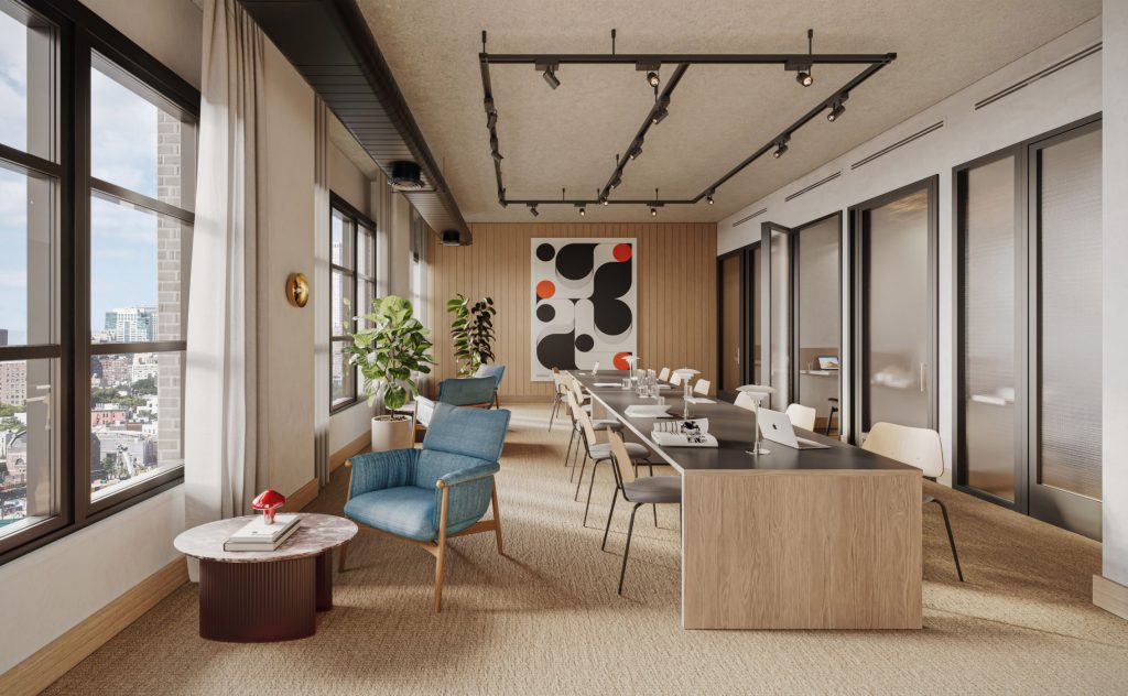 Coworking space with shared work space and private work rooms at 499 President luxury apartments in Brooklyn.