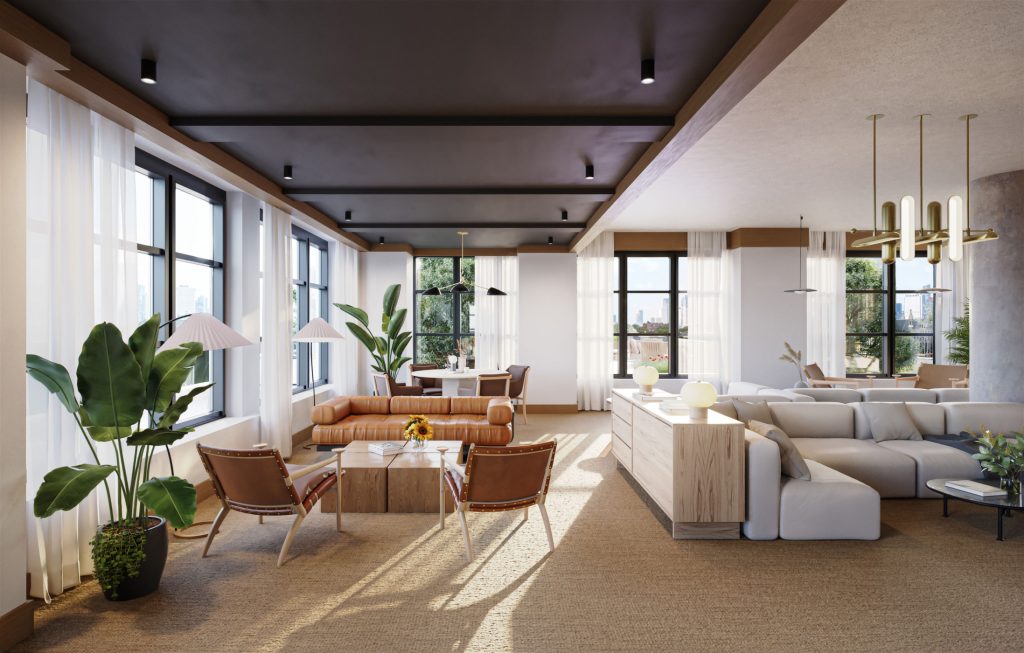 Resident living room lounge at 499 President luxury apartment rentals with fireplace and areas with conversational seating.