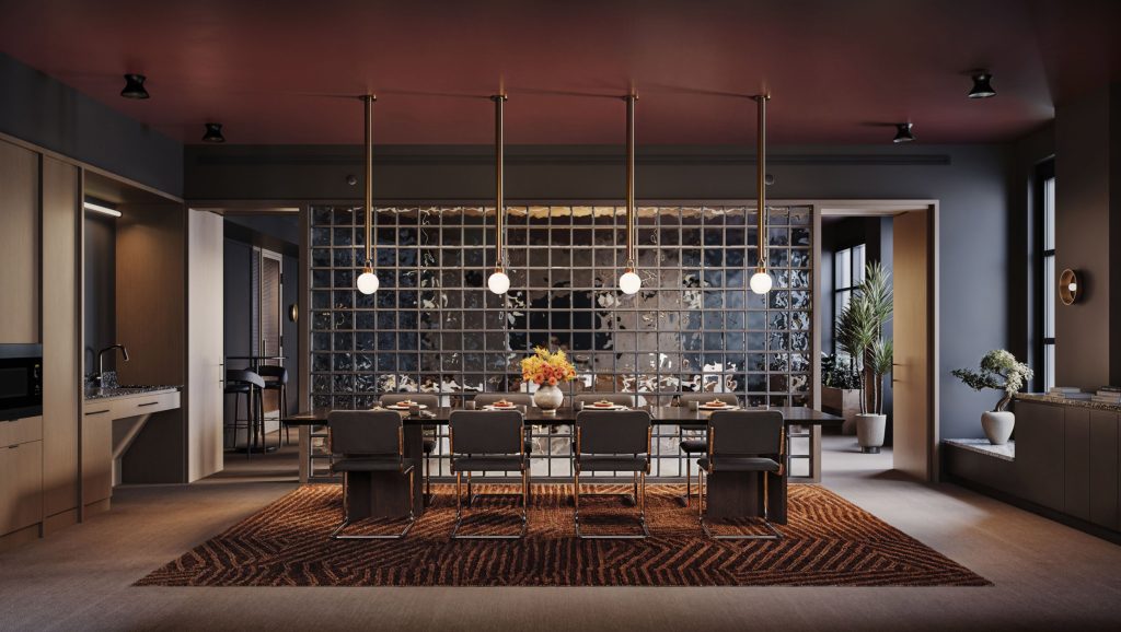 Private resident dining room at 499 President apartment rentals in Gowanus with a catering set-up and secluded outdoor space.