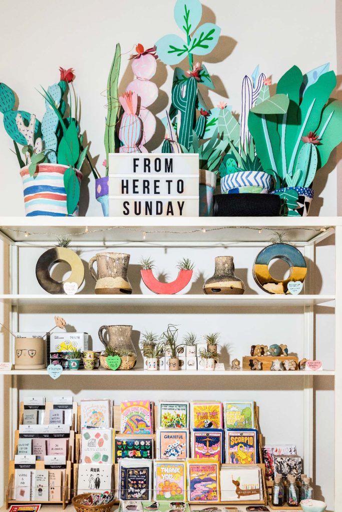 Display shelf at From Here to Sunday gift shop and gallery in Brooklyn near 499 President Street apartments.