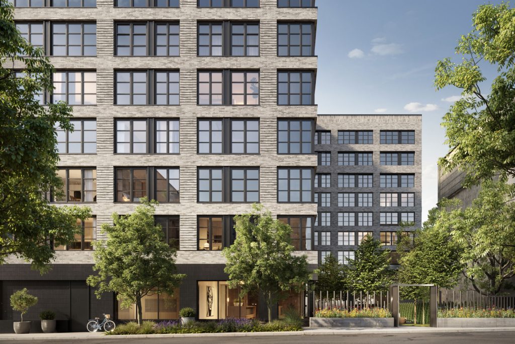 Rendering of 499 President luxury apartments in Brooklyn. Street view of building exterior and outdoor courtyard.