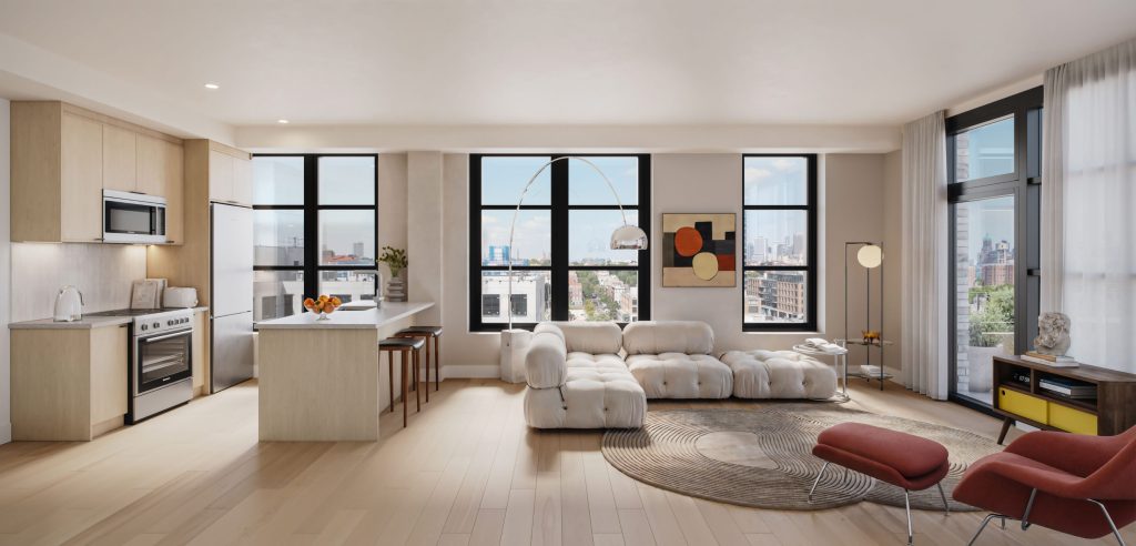 Studio apartment at 499 President Street in Brooklyn with an open floor plan, large windows, and hardwood floors.